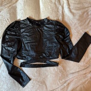 Black Ruched Long Sleeve Crop Blouse